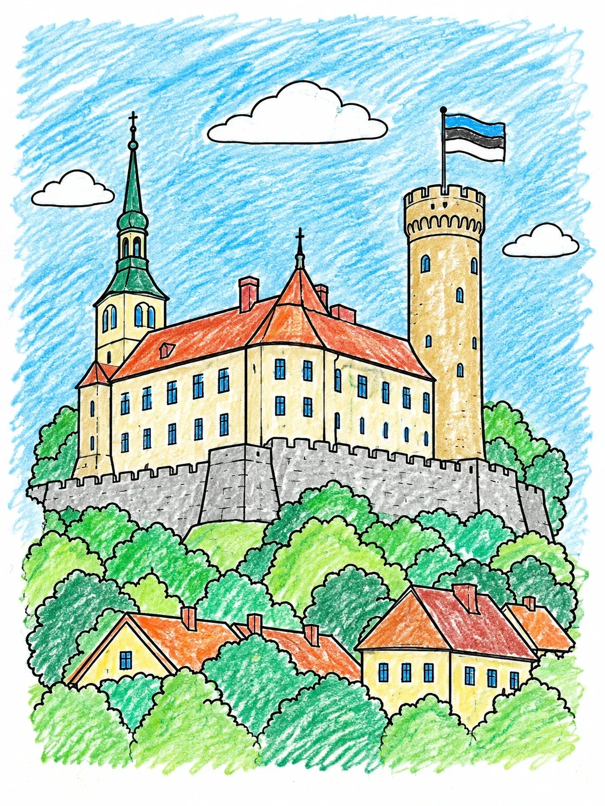 Colored example of the Toompea Castle And Pikk Hermann Tower coloring page