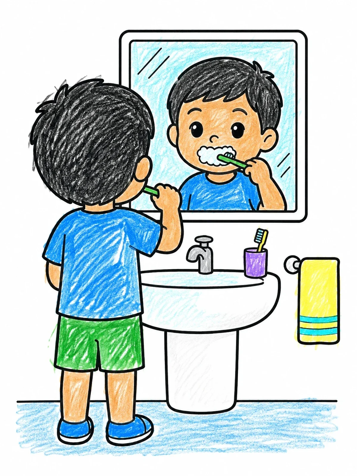 Colored example of the Child Brushing Teeth In Bathroom Mirror coloring page