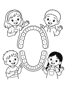 A tooth coloring page showing happy children pointing to upper and lower dental arches.
