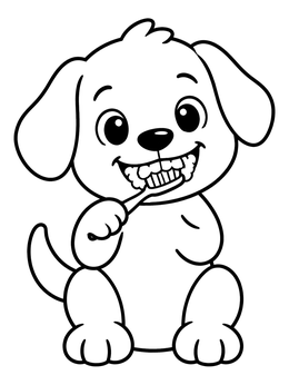 A cheerful puppy holding a toothbrush on this tooth coloring page.