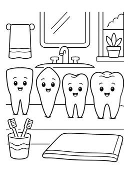 A friendly tooth coloring page showing four cute teeth standing by the bathroom sink.