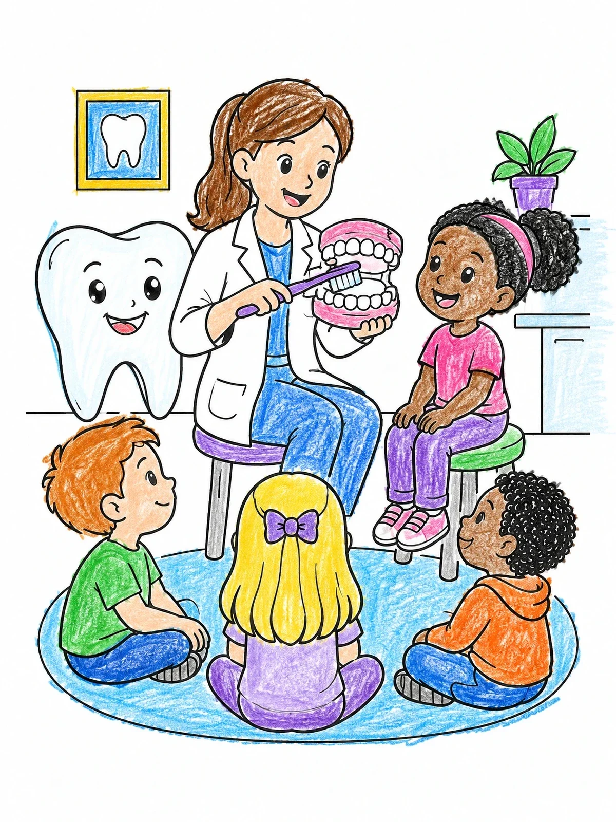 Colored example of the Dentist Teaching Kids To Brush coloring page