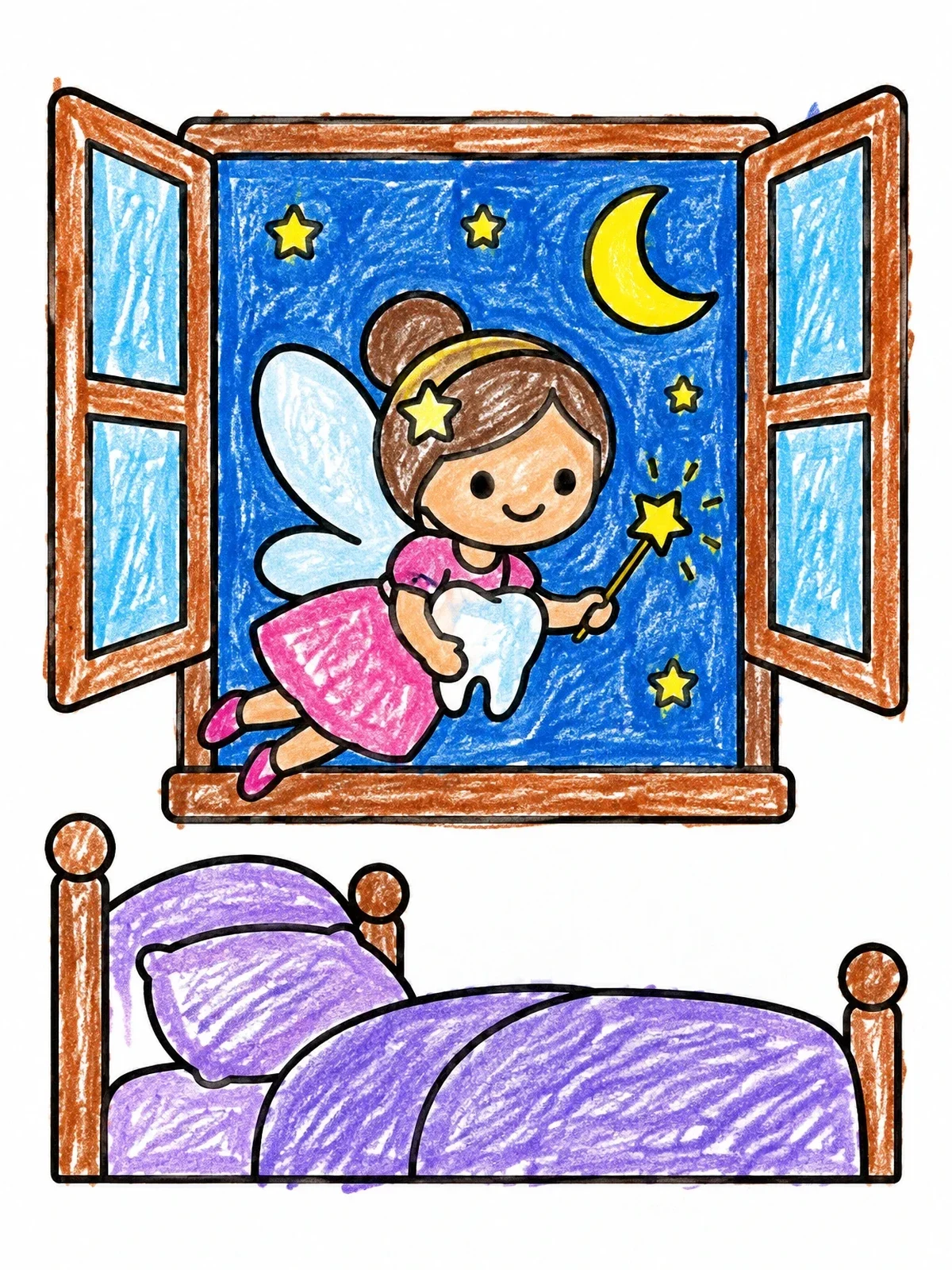 Colored example of the Tooth Fairy Visiting Bedroom Window coloring page