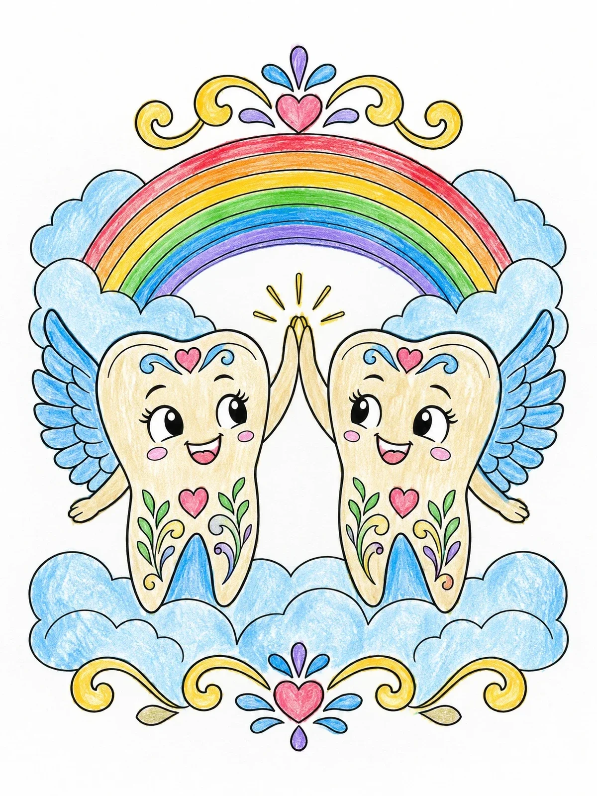 Colored example of the Cheerful Winged Teeth High Five coloring page