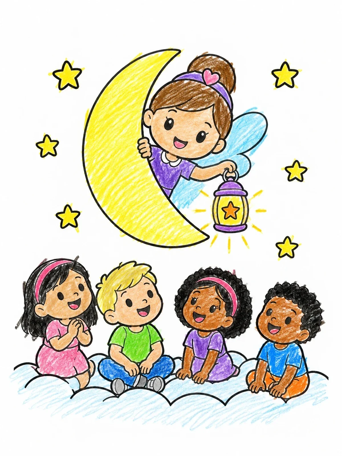 Colored example of the Tooth Fairy Peeking From The Moon coloring page