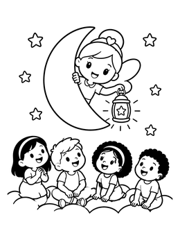 A cute tooth fairy coloring page showing a fairy on the crescent moon shining a lantern for watching children.