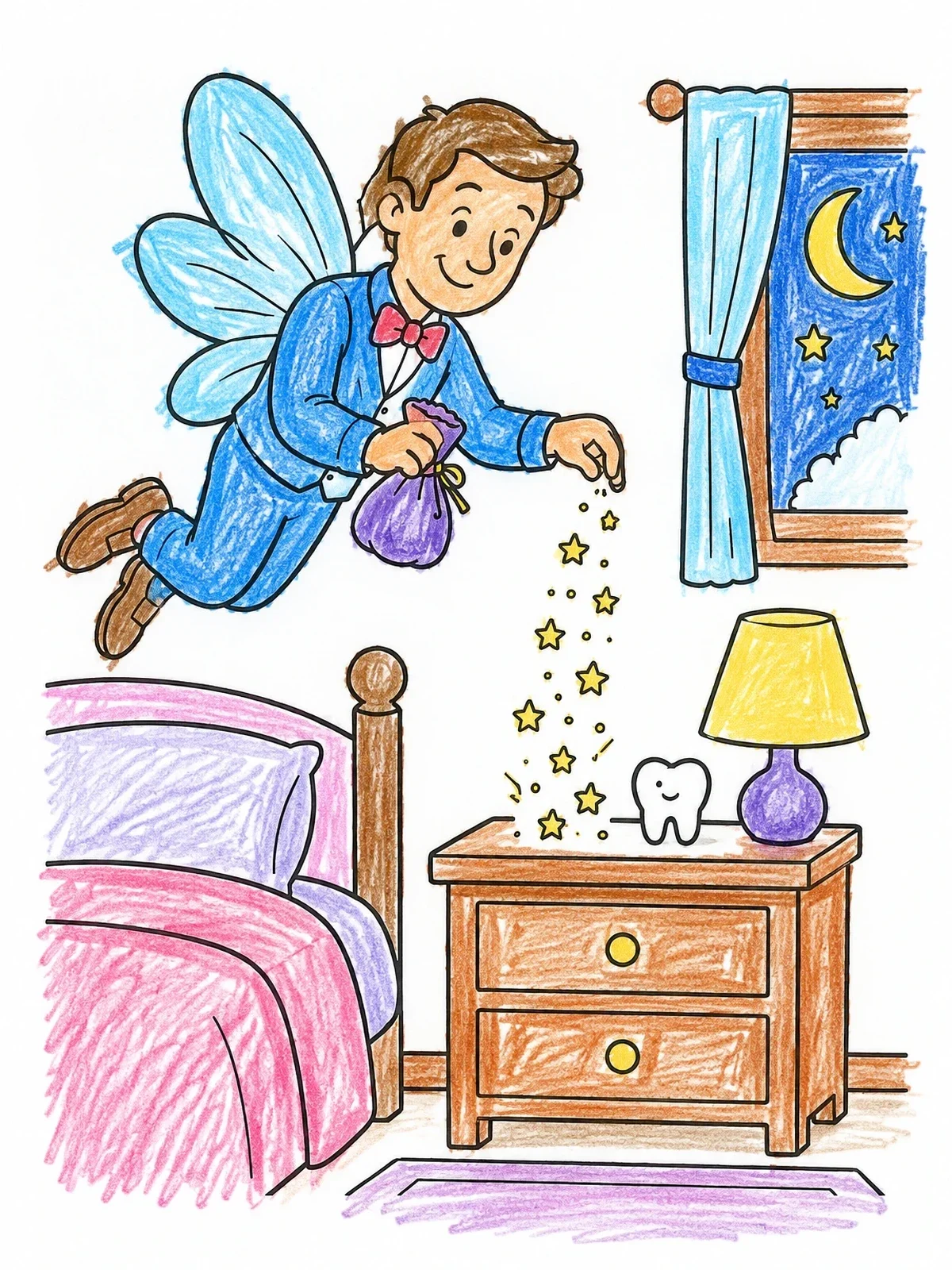 Colored example of the Tooth Fairy Visiting Bedside Table coloring page