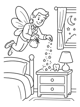 Free printable Tooth Fairy Visiting Bedside Table coloring page