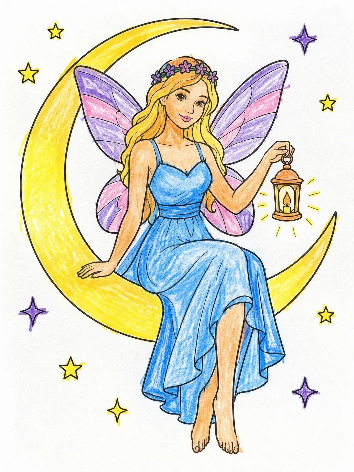 Colored example of the Fairy On Crescent Moon With Lantern coloring page