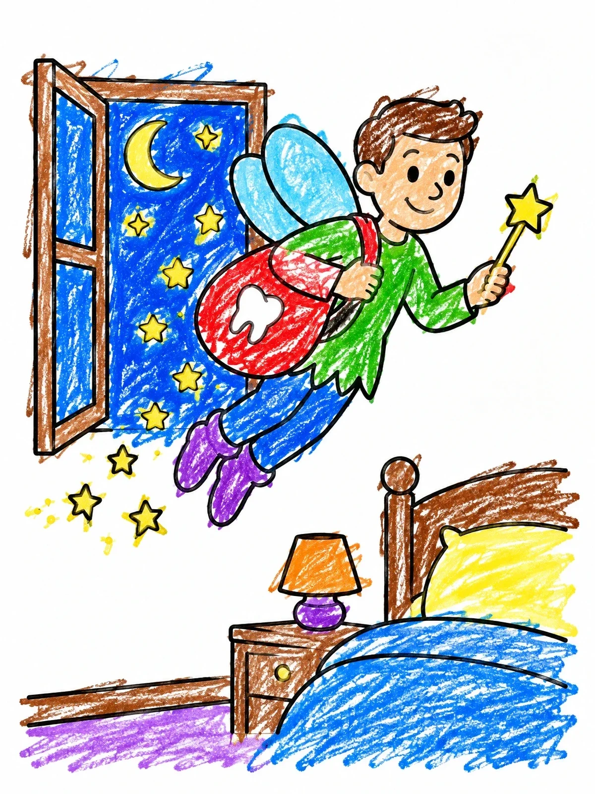 Colored example of the Tooth Fairy Flying Through Window coloring page