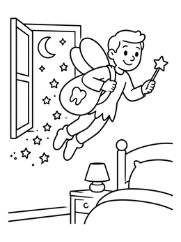 Free printable Tooth Fairy Flying Through Window coloring page