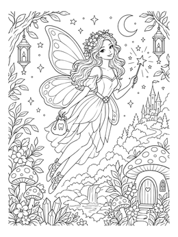 A magical tooth fairy coloring page showing a winged fairy flying with a wand and pouch over a fairy village.