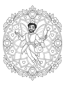 Detailed tooth fairy coloring page featuring a flying fairy inside an ornate floral mandala.