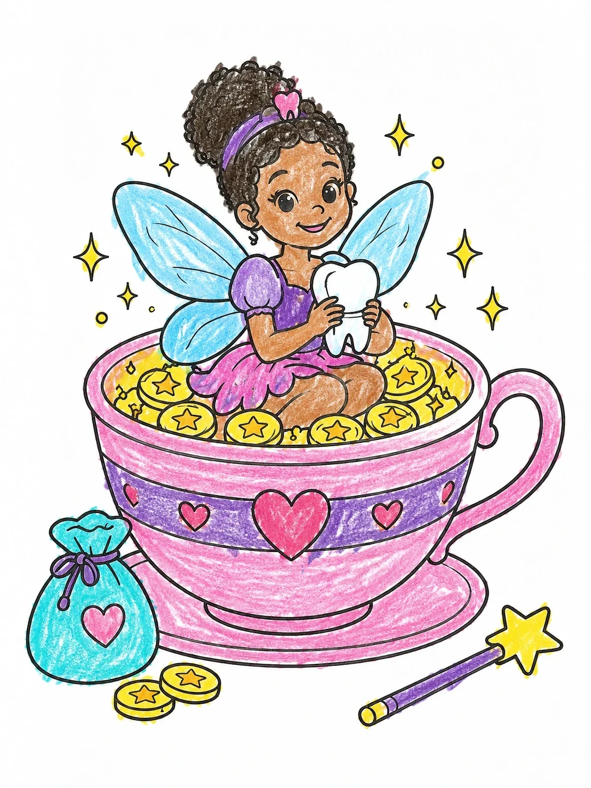 Colored example of the Little Tooth Fairy In A Teacup coloring page