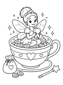 A sweet tooth fairy coloring page showing a tiny winged fairy sitting inside a decorative teacup.