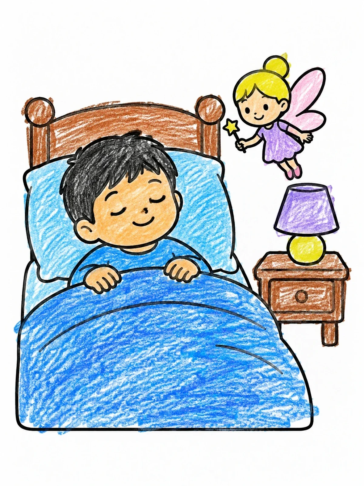 Colored example of the Tooth Fairy Visiting Sleeping Boy coloring page