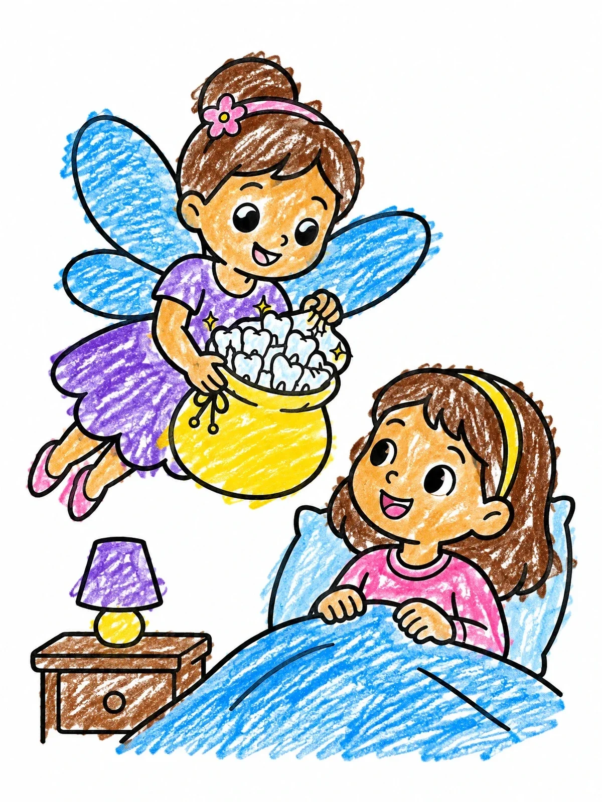 Colored example of the Tooth Fairy Visiting A Smiling Child coloring page