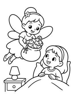 Free printable Tooth Fairy Visiting A Smiling Child coloring page