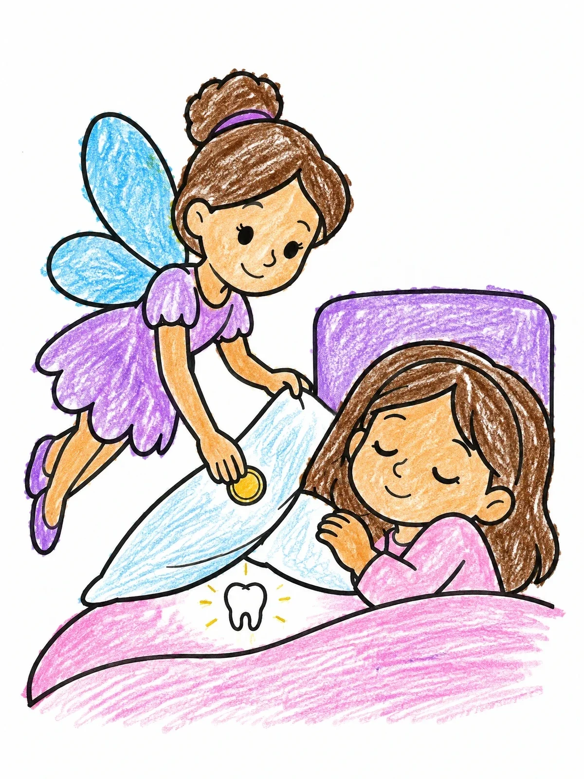 Colored example of the Tooth Fairy Visiting Sleeping Child coloring page