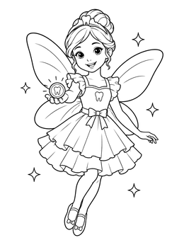 A smiling tooth fairy coloring page showing a winged girl holding up a shiny tooth coin.