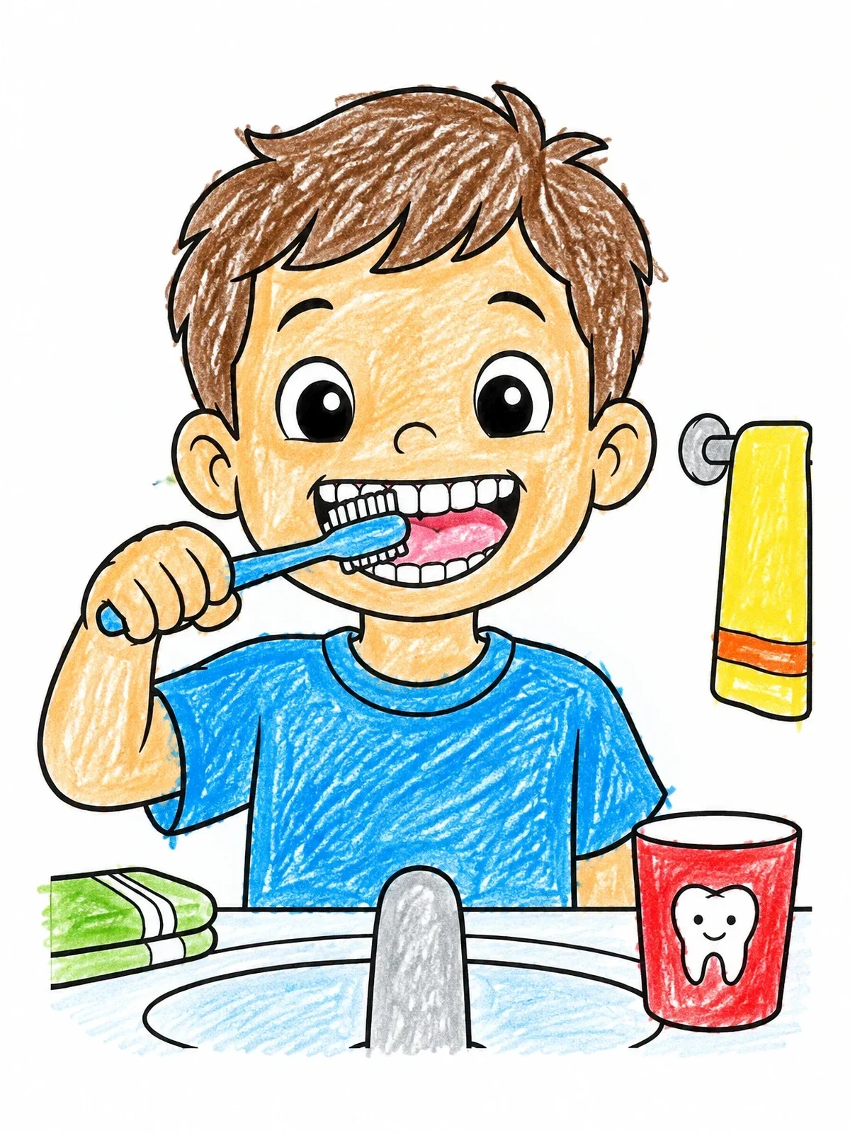 Colored example of the Happy Boy Brushing His Teeth coloring page