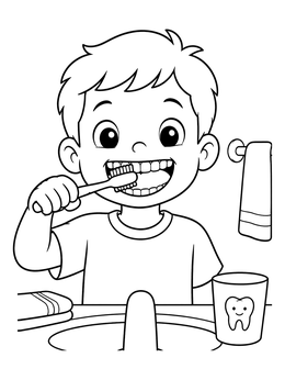 A cheerful boy brushing his teeth at the bathroom sink in this tooth coloring page.
