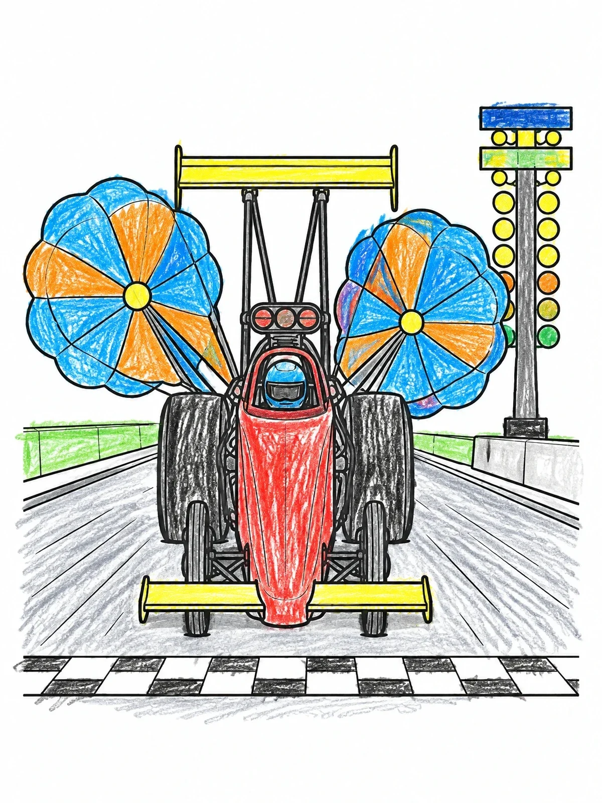 Colored example of the Top Fuel Dragster With Parachutes coloring page