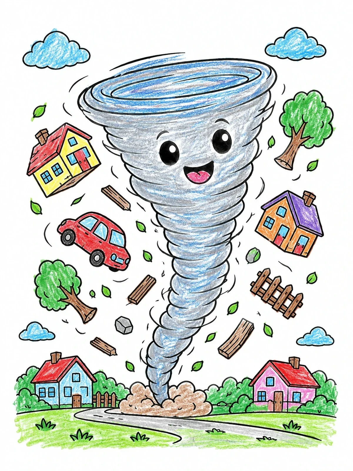 Colored example of the Cute Twister Swirling Over Town coloring page