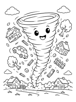 Free printable Cute Twister Swirling Over Town coloring page