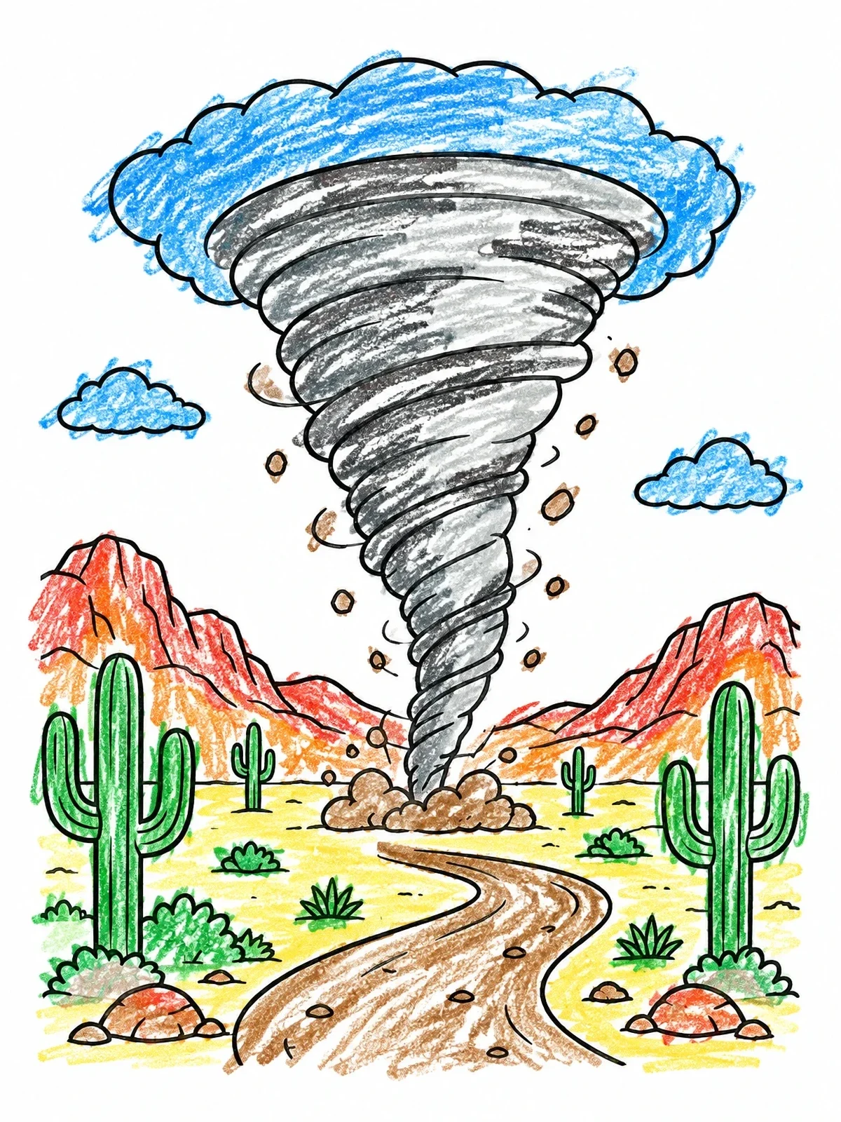 Colored example of the Tornado Sweeping Through Desert Valley coloring page