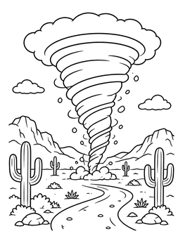 Free printable Tornado Sweeping Through Desert Valley coloring page