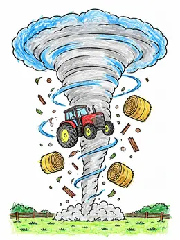 Bale Color Tornado Sweeping Across Farmland Coloring Page