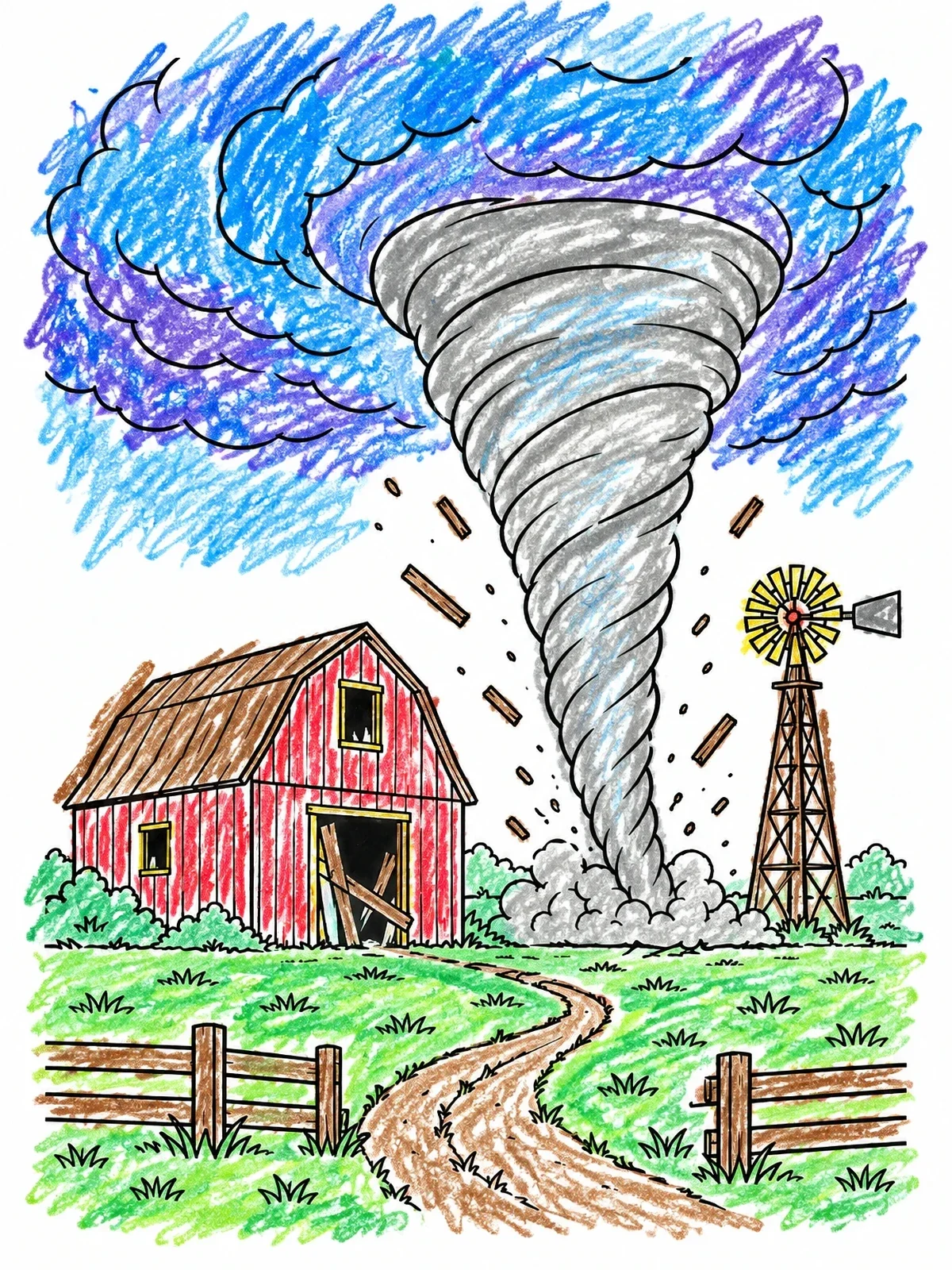 Colored example of the Tornado Sweeping Past Farm Barn coloring page