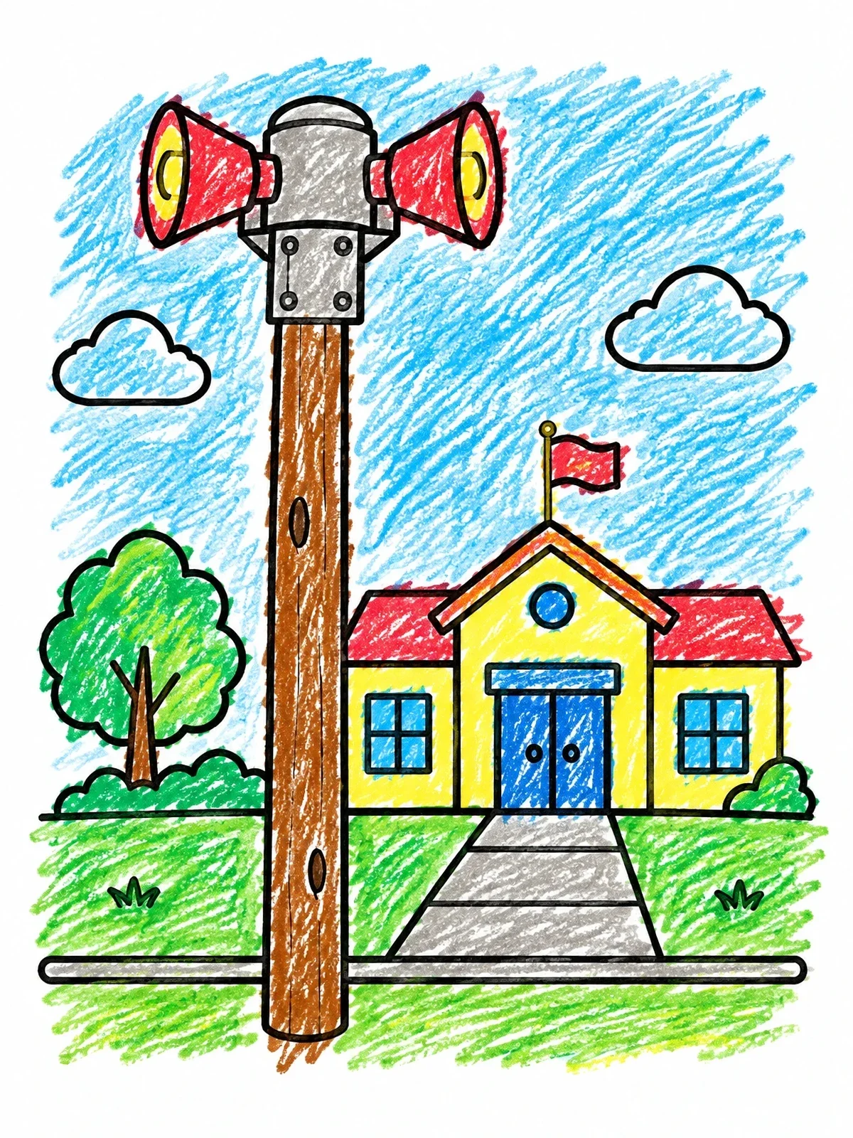 Colored example of the Warning Siren Outside School Building coloring page