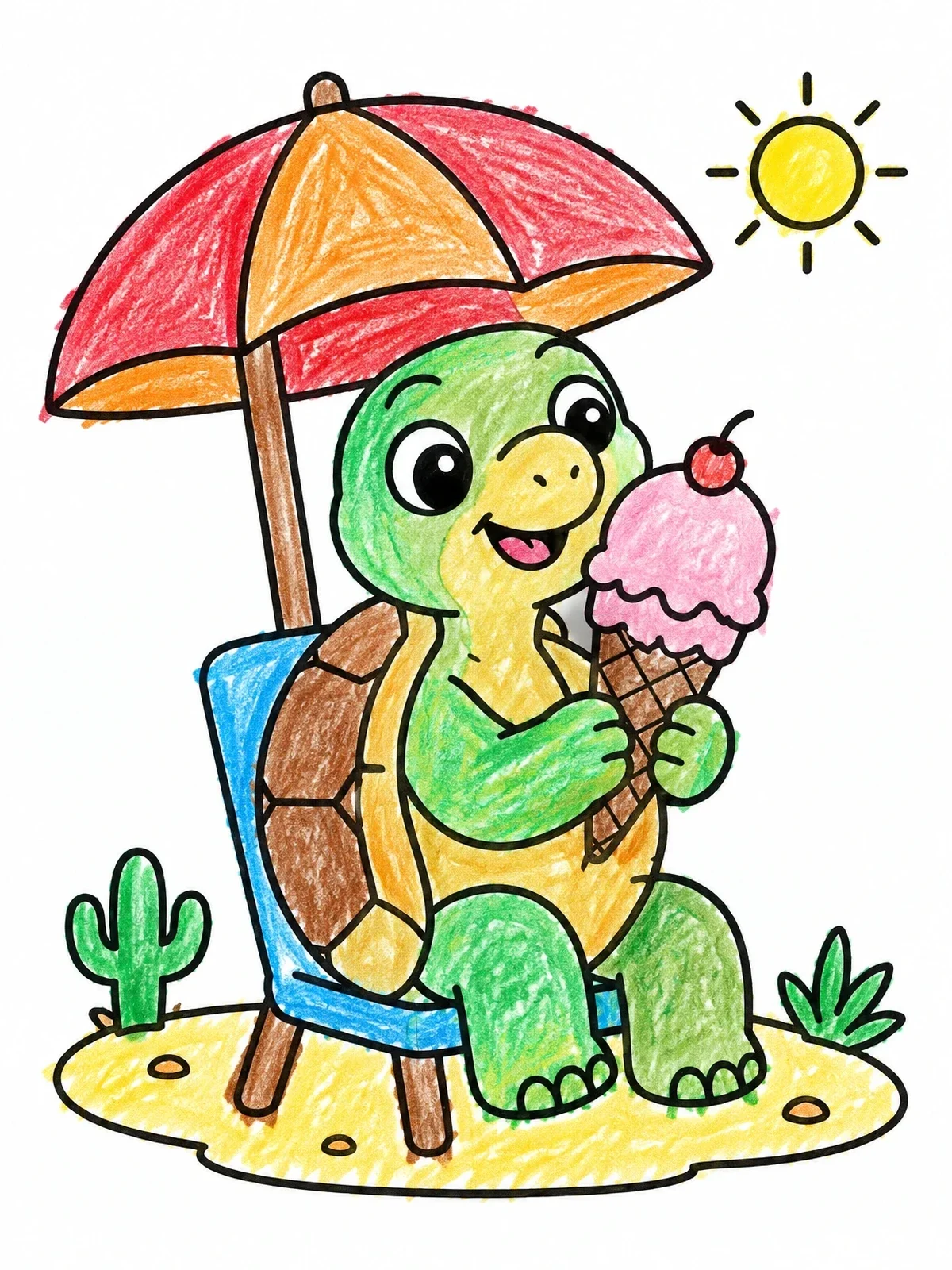 Colored example of the Tortoise With Ice Cream Under Umbrella coloring page