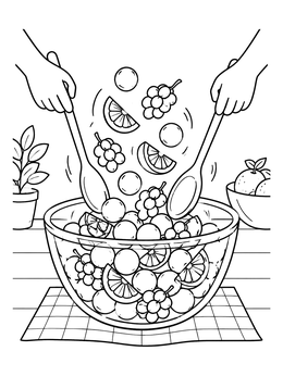 Free printable Tossing Fresh Fruit Salad In Bowl coloring page