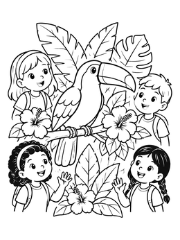 A cheerful rainforest coloring page featuring a toucan on a branch surrounded by four happy kids.