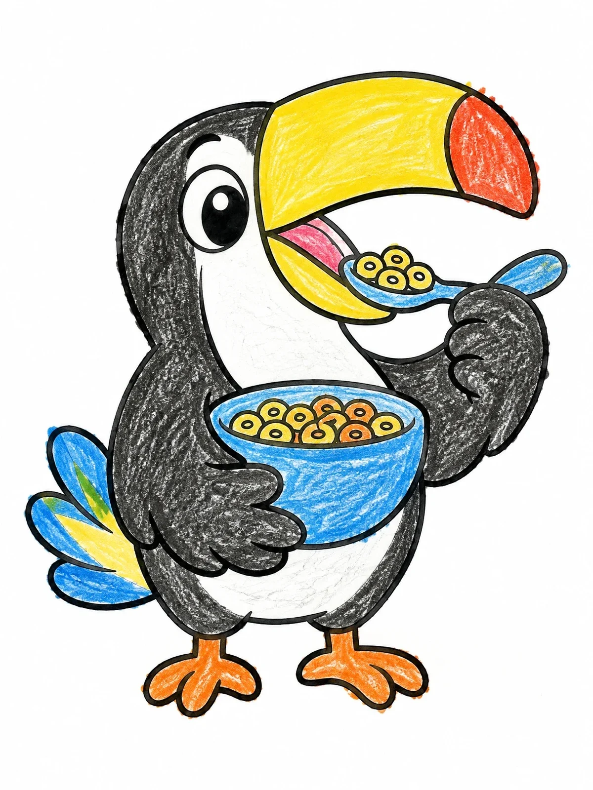 Colored example of the Toucan Eating Cereal With Spoon coloring page