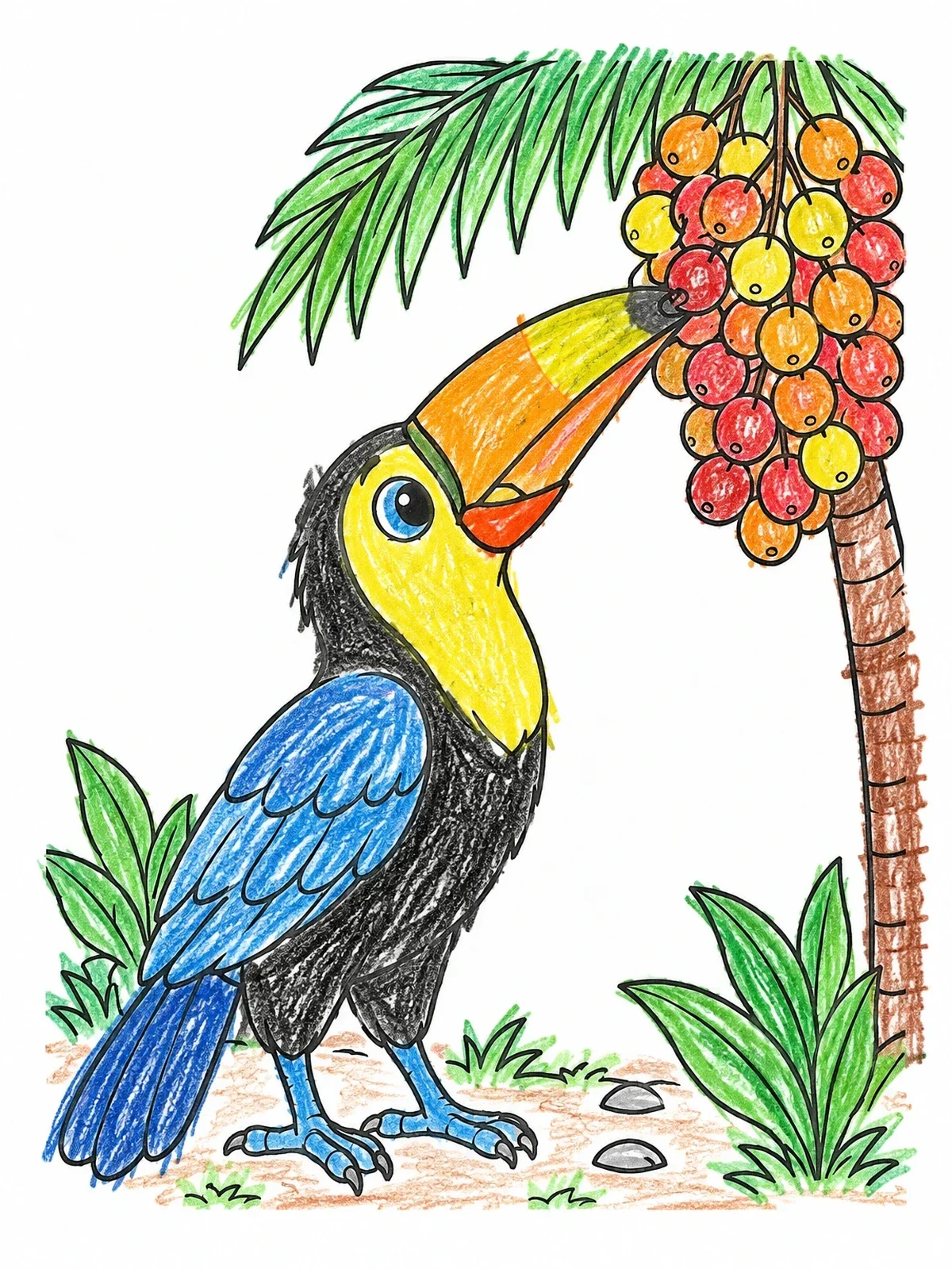 Colored example of the Toucan Eating Palm Berries coloring page