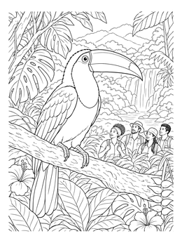 Hikers spot a large toucan in this rainforest paradise coloring page with waterfalls.
