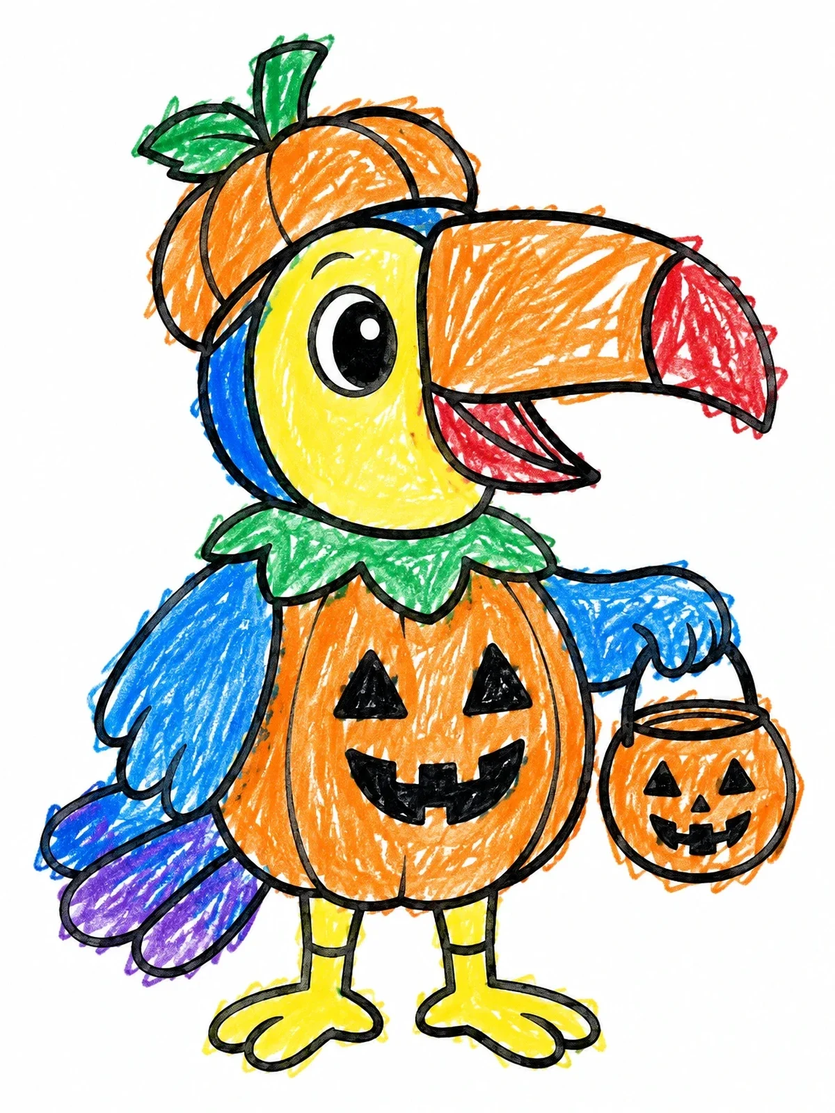 Colored example of the Toucan In Halloween Pumpkin Costume coloring page