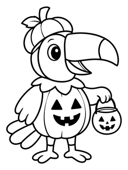A toucan coloring page featuring a bird in a cute pumpkin costume with a trick-or-treat bucket.