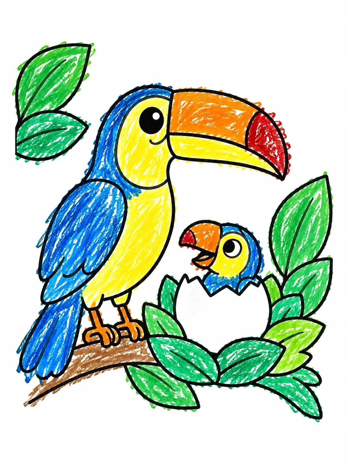 Colored example of the Toucan Parent And Baby In Nest coloring page
