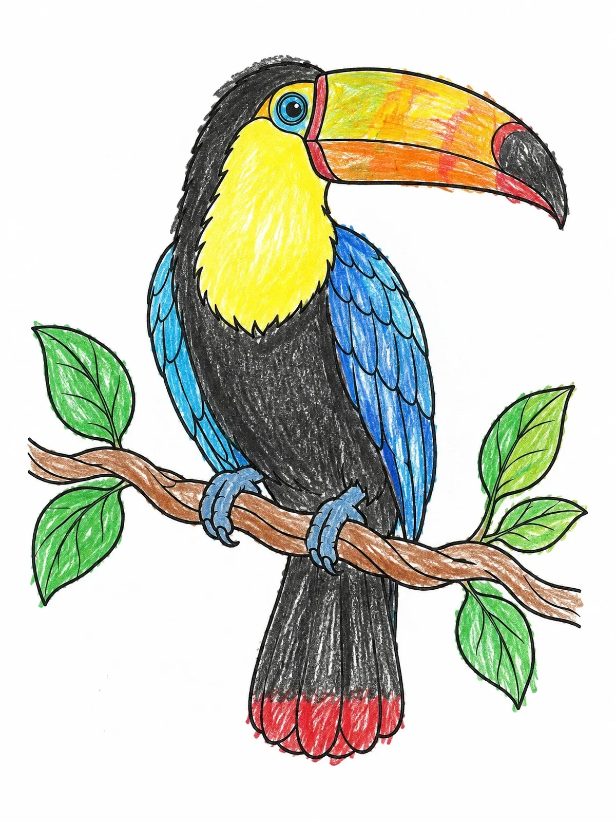 Colored example of the Toucan Perched On A Leafy Branch coloring page