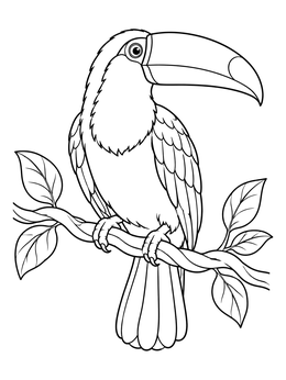 A toucan coloring page featuring a perched tropical bird with a large beak on a leafy branch.