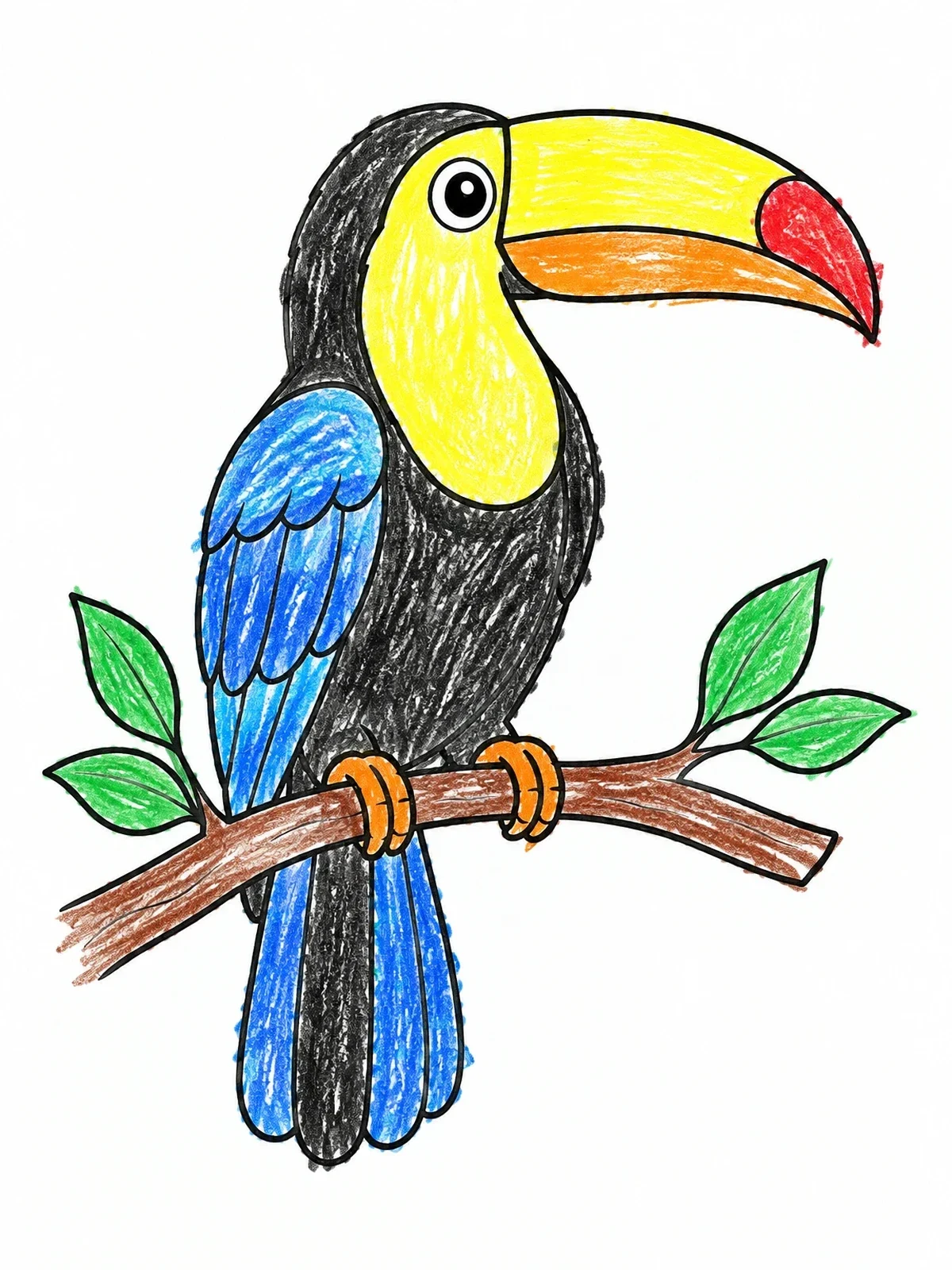 Colored example of the Toucan Perched On A Branch coloring page