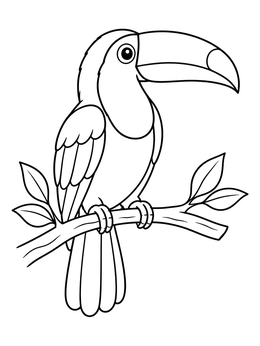 A friendly toucan coloring page featuring bold lines and simple leafy branches.