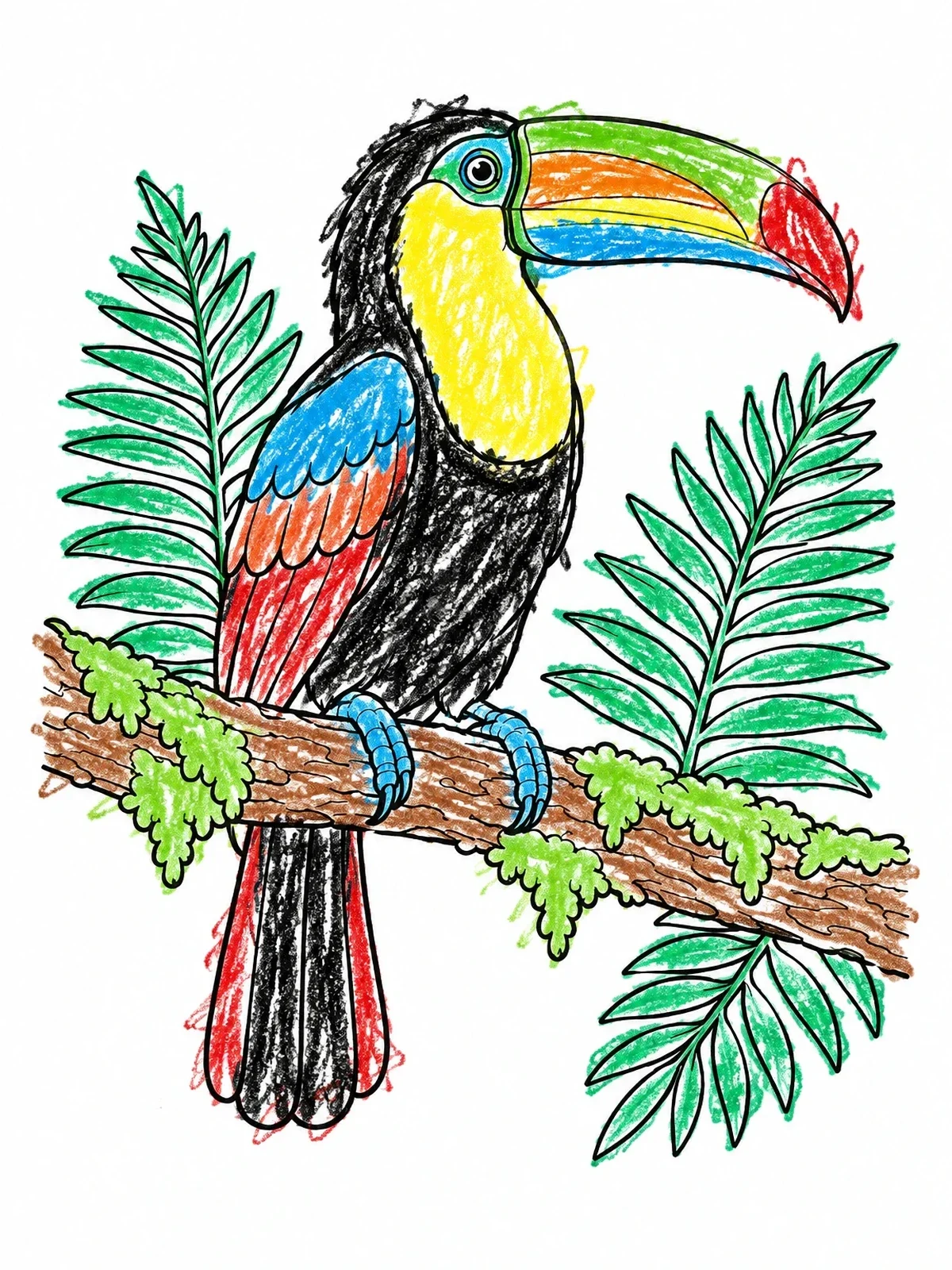 Colored example of the Toucan Perched On A Rainforest Branch coloring page