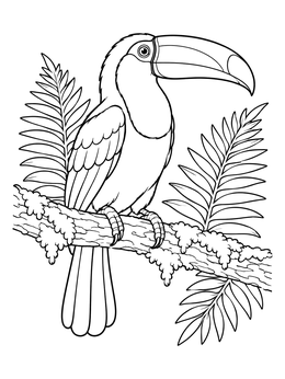 A detailed toucan coloring page featuring the tropical bird sitting on a mossy branch among ferns.