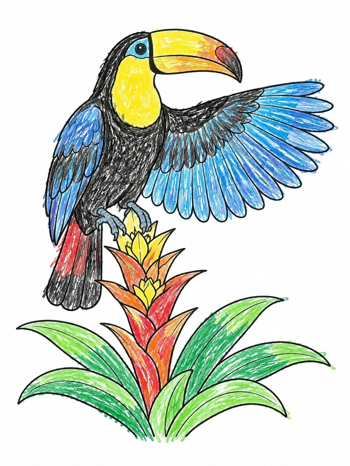 Colored example of the Toucan Perched On A Tropical Plant coloring page
